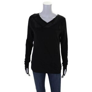 Designer Womens V Neck Long Sleeve Athletic Top Black Size Medium